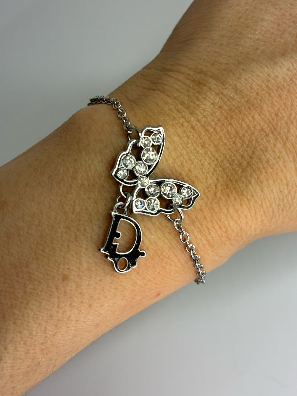 Vintage Crystal Butterfly Charm Bracelet in Silver